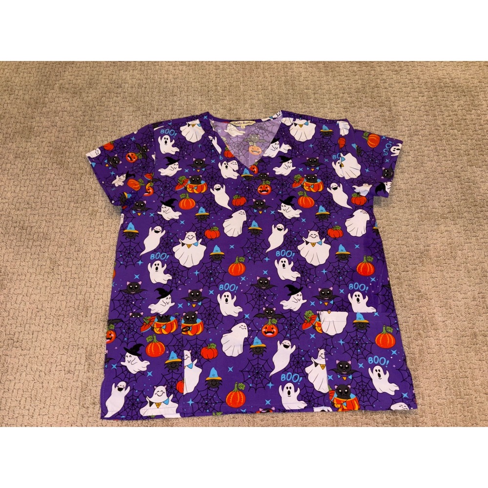Gabby Brooke Halloween Scrub Top Womens XL Purple Ghost Pumpkin Cat 9000M-1559